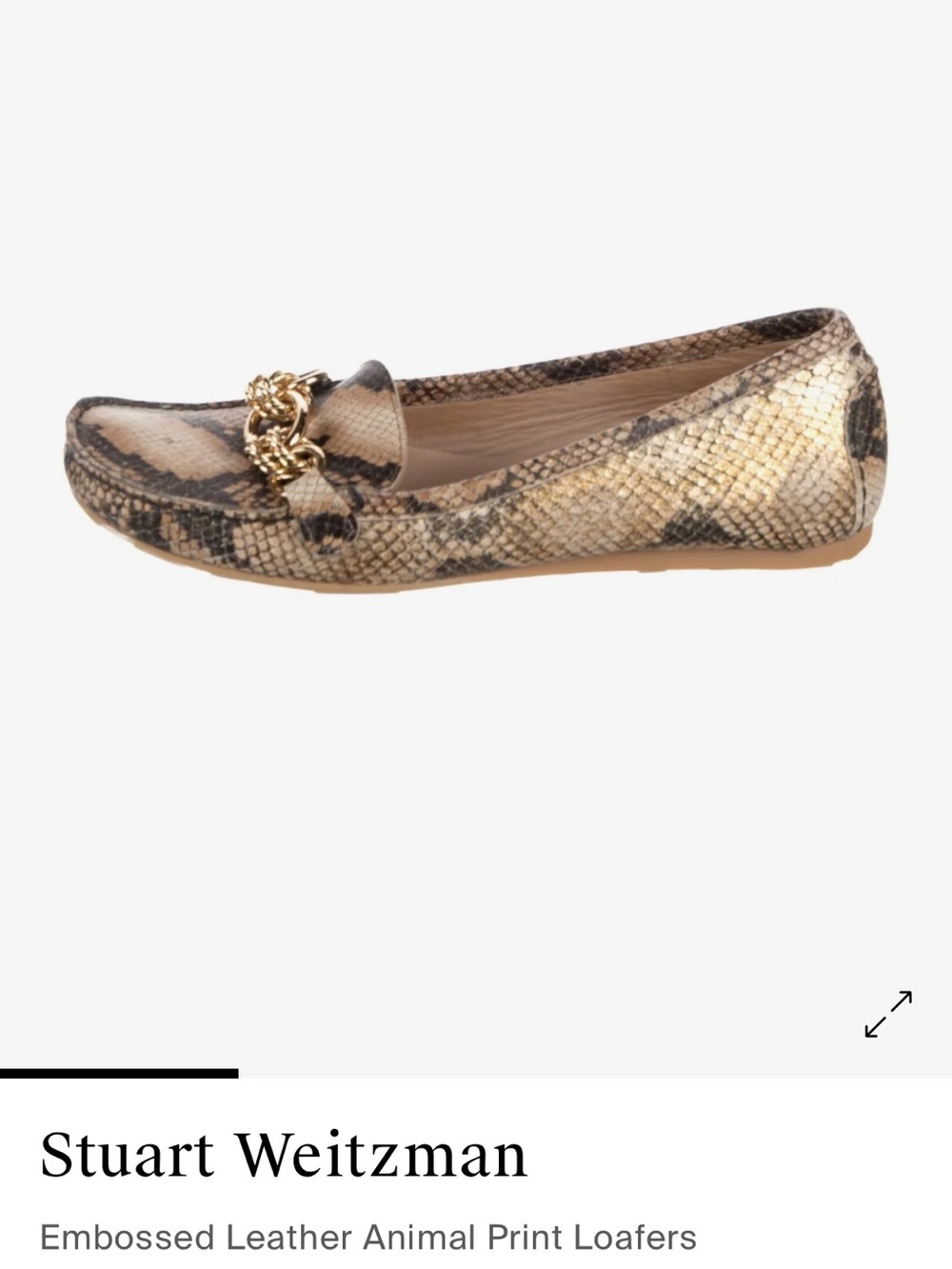 Stuart Weitzman Gold and Beige Python-Print Chain Loafers